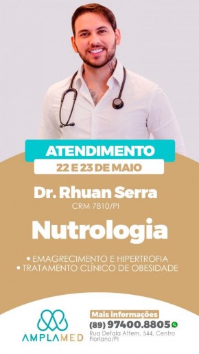 Amplamed está com agenda aberta para atendimento com o nutrólogo Dr. Rhuan Serra(Imagem:Divulgação)