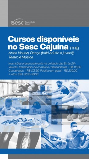 Sesc Cajuína está com matrículas abertas para cursos de Artes Visuais, Dança, Teatro e Música(Imagem:Divulgação)