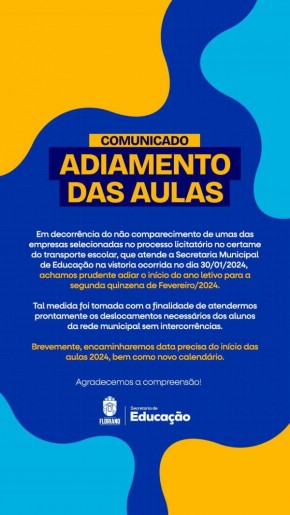 Secretaria de Educação comunica adiamento do início das aulas em Floriano.(Imagem:Secom)