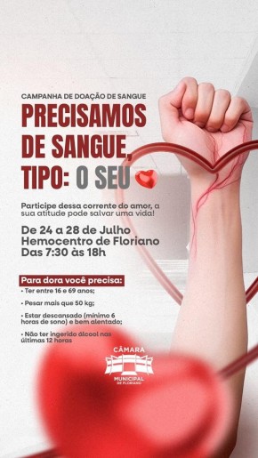 Câmara Municipal apoia campanha de doação de sangue em Floriano.(Imagem:CMF)