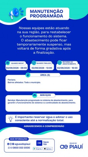Manuten&ccedil;&atilde;o programada poder&aacute; afetar abastecimento de &aacute;gua em Floriano nesta ter&ccedil;a-feira (02)(Imagem:Divulga&ccedil;&atilde;o)