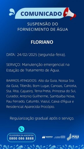  Agespisa realiza manutenção emergencial e suspende fornecimento de água em Floriano.(Imagem:Divulgação)