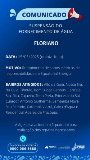 Agespisa comunica suspensão temporária do abastecimento de água em vários bairros de Floriano.(Imagem:Divulgação)