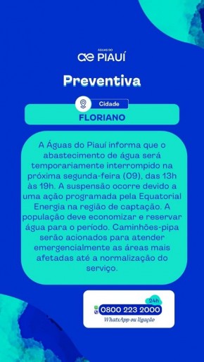 Abastecimento de água será interrompido temporariamente em Floriano na próxima segunda-feira (09).(Imagem:Divulgação)