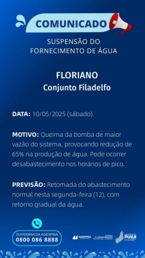 Queima de bomba reduz abastecimento de água em bairro de Floriano.(Imagem:Divulgação)