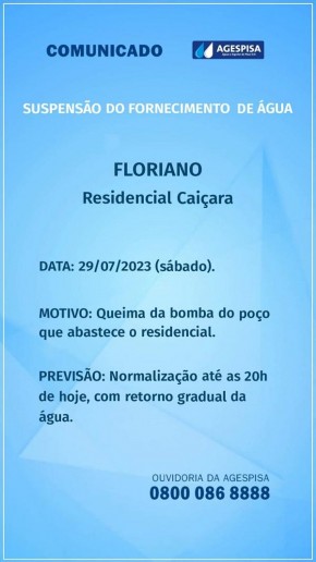 Agespisa comunica suspensão do fornecimento de água no Residencial Caiçara. (Imagem:Divulgação)
