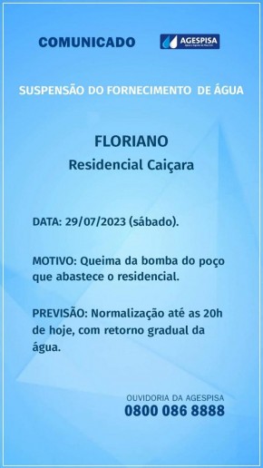 Agespisa comunica suspensão do fornecimento de água no Residencial Caiçara. (Imagem:Divulgação)