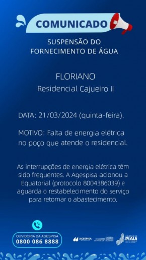 Falta de energia elétrica afeta fornecimento de água no Residencial Cajueiro II, em Floriano.(Imagem:Divulgação)