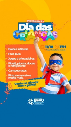 Prefeitura de Barão de Grajaú preparou uma programação especial para o Dia das Crianças(Imagem:Divulgação)