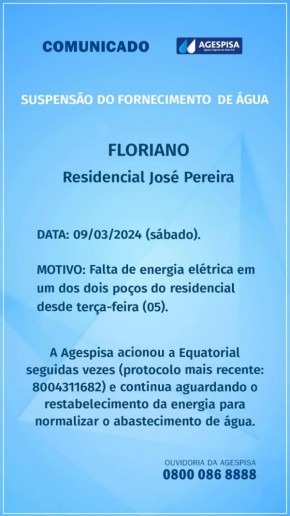 Conjunto Zé Pereira enfrenta suspensão no fornecimento de água devido à falta de energia elétrica(Imagem:Divulgação)