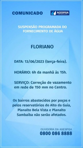 Agespisa anuncia suspensão programada no fornecimento de água em Floriano.(Imagem:Divulgação)