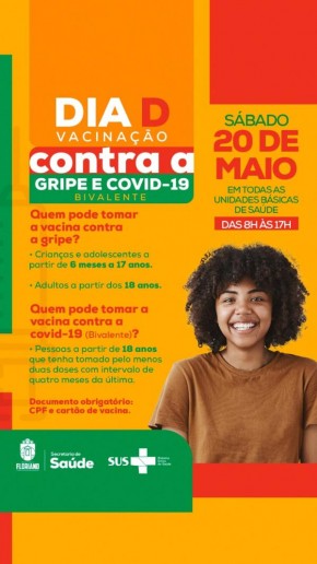 Unidades de saúde de Floriano promovem neste sábado (20) o Dia D de Vacinação contra Covid-19 e Gripe.(Imagem:Divulgação)