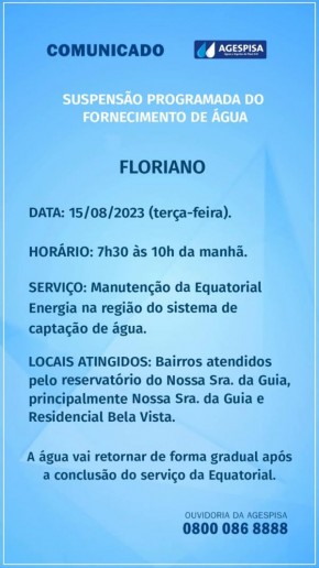 Agespisa realizará suspensão programada de fornecimento de água nesta terça-feira em Floriano(Imagem:Divulgação)