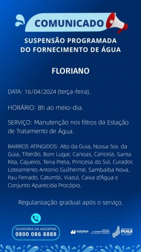 Agespisa informa suspensão programada do fornecimento de água em Floriano.(Imagem:Divulgação)