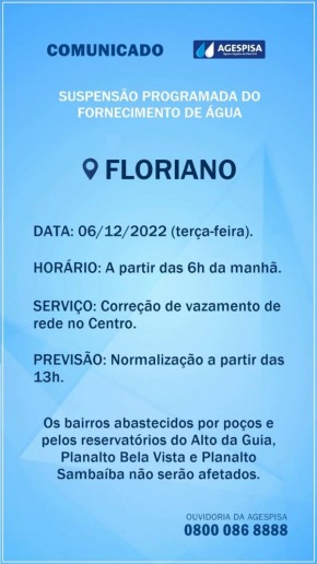 Agespisa suspende fornecimento de água em Floriano para correção de vazamento.(Imagem:Divulgação)