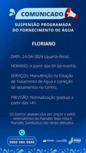  Agespisa anuncia suspensão programada do fornecimento de água em Floriano nesta quarta-feira (24)(Imagem:Divulgação)