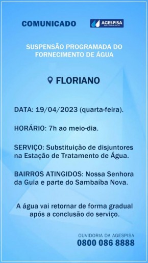 Bairros de Floriano terão suspensão programada do fornecimento de água para manutenção na ETA.(Imagem:Divulgação)