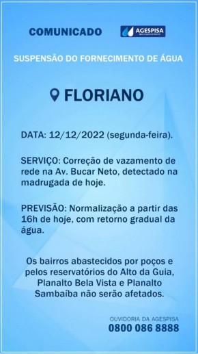 Agespisa suspende fornecimento de água nesta segunda-feira em Floriano.(Imagem:Divulgação)