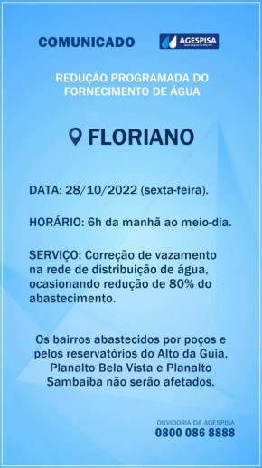 Agespisa suspende fornecimento de água nesta sexta-feira em Floriano.(Imagem:Divulgação)