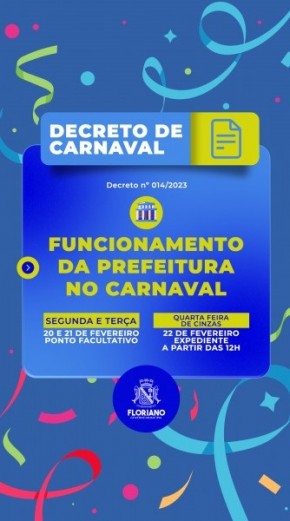 Prefeitura de Floriano concede ponto facultativo na segunda e terça de carnaval.(Imagem:Secom)