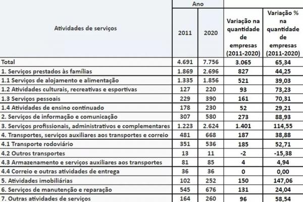 Atividades de serviços entre 2011 e 2020.(Imagem:Divulgação /IBGE)