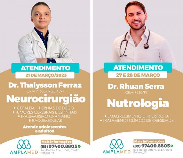 Dr. Thallysson Ferraz e Dr. Rhuan Serra estão com agenda aberta para atendimento na Amplamed.(Imagem:Divulgação)