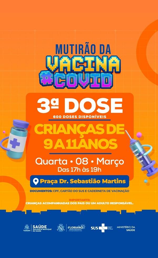 Vacinação de crianças de 9 e 11 anos contra a Covid-19 acontece nesta quarta-feira (08) em Floriano.(Imagem:Divulgação)
