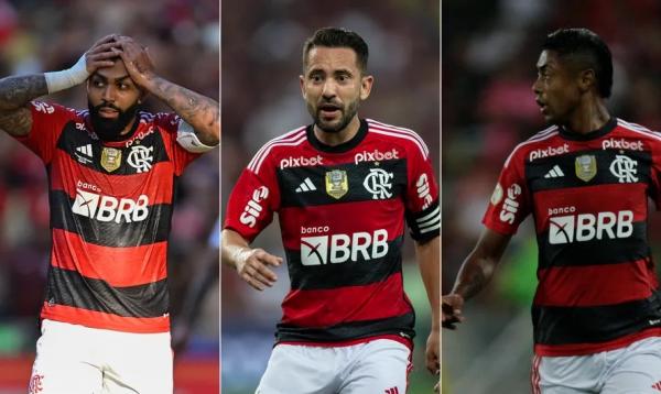 O trio Gabigol, Everton Ribeiro e Bruno Henrique não vive boa fase no Flamengo.(Imagem:Alexandre Cassiano / AFP)