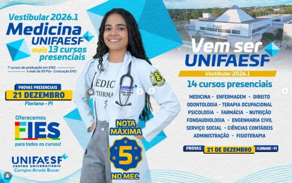 UNIFAESF abre inscrições para o Vestibular 2026 com 14 cursos presenciais e excelência reconhecida pelo MEC.(Imagem:Reprodução/Instagram)