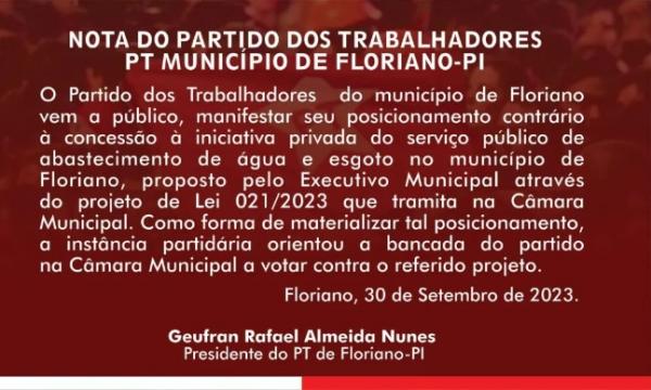 Partido dos Trabalhadores de Floriano reforça sua oposição ao Projeto de Lei 021/2023 e orienta bancada a votar contra.(Imagem:Reprodução/Instagram)