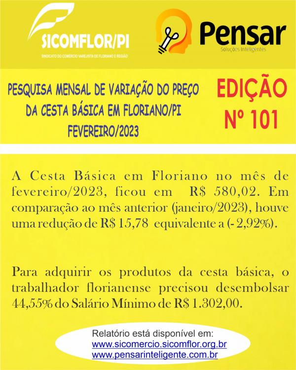 Cesta básica em Floriano tem uma redução de 2,92% em fevereiro(Imagem:Divulgação)