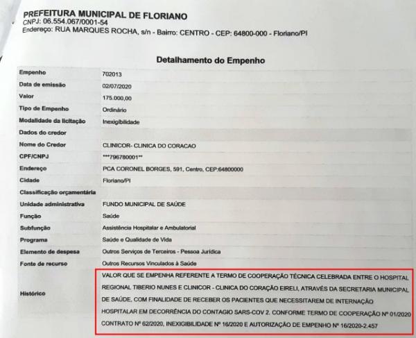 Nota de empenho emitida pela Prefeitura de Floriano sugere que Hospital manda pacientes com Covid-19 para a rede privada.(Imagem:Divulgação)