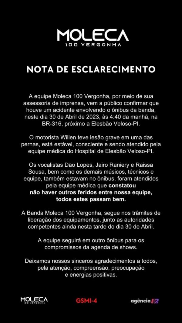 Nota de esclarecimento da banda(Imagem:Reprodução)