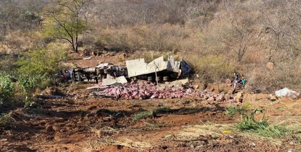 Caminhão tomba em curva e capota com carga de carne na BR-316, no Piauí.(Imagem:Polícia Rodoviária Federal)