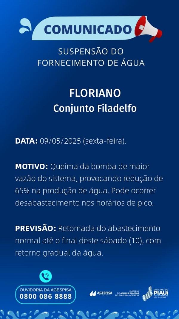 Agespisa comunica suspensão temporária do abastecimento de água no Conjunto Filadelfo, em Floriano.(Imagem:Divulgação)