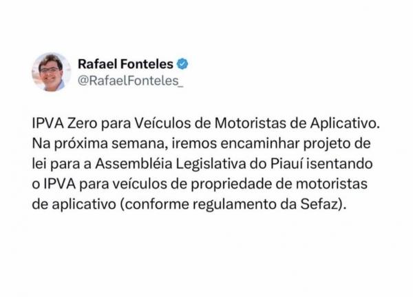 Rafael Fonteles anuncia projeto de lei que prev&ecirc; isen&ccedil;&atilde;o do IPVA de ve&iacute;culos de motoristas por aplicativo no Piau&iacute;(Imagem:Divulga&ccedil;&atilde;o)