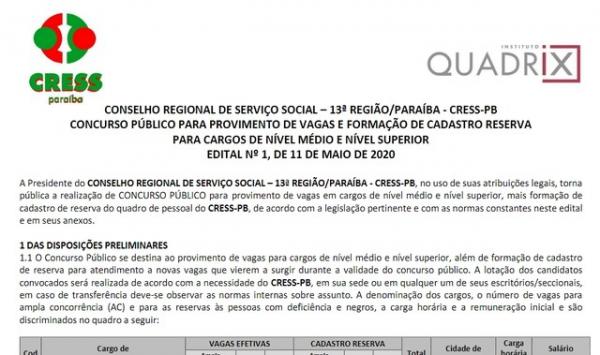 Conselho Regional de Serviço Social da Paraíba abre edital com 5 vagas.(Imagem:Instituto Quadrix/Divulgação)