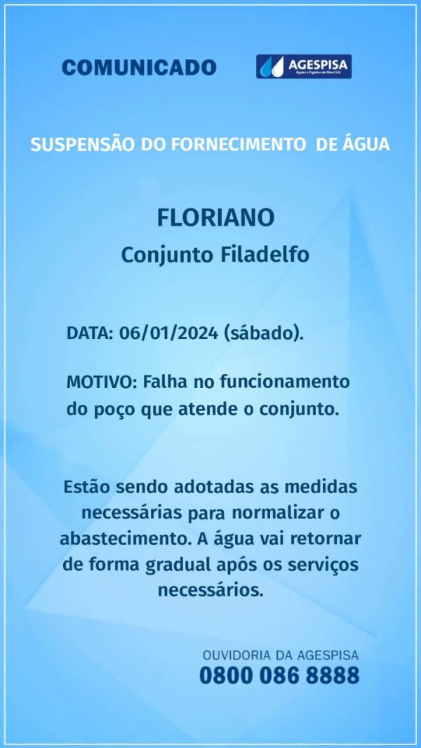 Agespisa informa sobre suspensão e normalização do abastecimento de água em Floriano(Imagem:Divulgação )