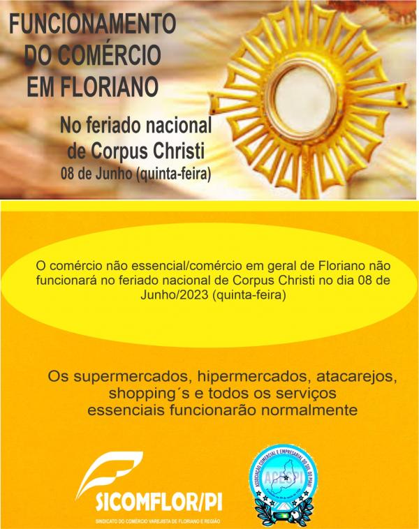 Veja como será o funcionamento do comércio de Floriano no feriado de Corpus Christi(Imagem:Divulgação)