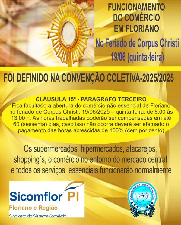 Comércio de Floriano funcionará no feriado de Corpus Christi com horário especial.(Imagem:Divulgação)