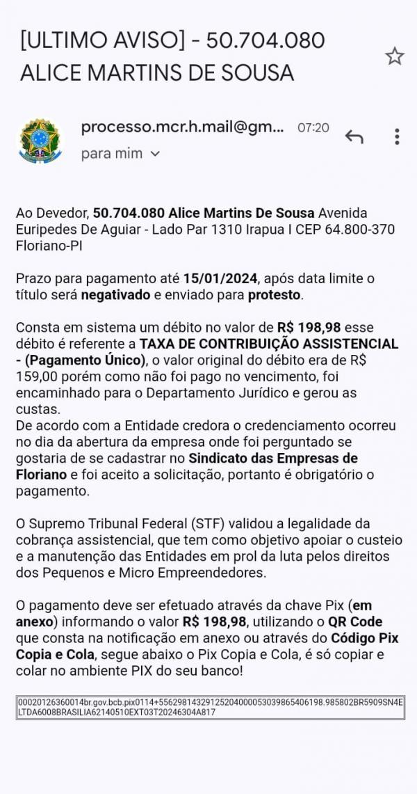 SICOMFLOR alerta empresas de Floriano sobre golpe de cobrança falsa da Contribuição Assistencial.(Imagem:Divulgação)