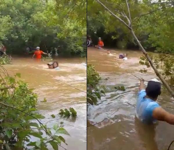 Estudantes atravessam rio com auxílio de corda ao retornar de escola após chuvas no Piauí.(Imagem:Reprodução)