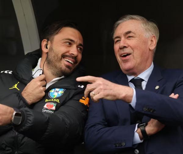 Davide e Carlo Ancelotti durante amistoso entre Brasil e Fran&ccedil;a, no &uacute;ltimo dia 27.(Imagem:Maddie Meyer/Getty Images/AFP)