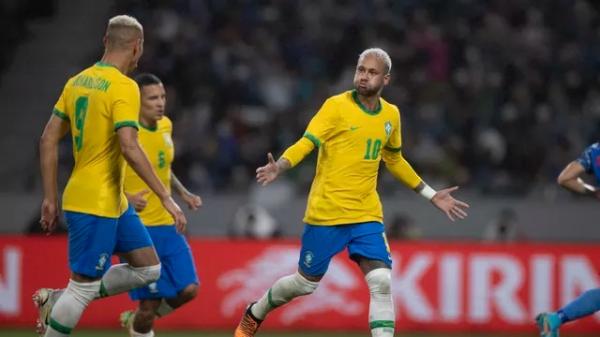 Neymar comemora o gol em Japão x Brasil.(Imagem:Lucas Figueiredo/CBF)