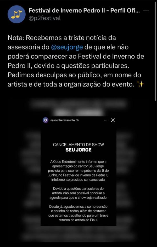  Festival de Inverno de Pedro II lamenta cancelamento do show de Seu Jorge.(Imagem: Reprodução/Redes sociais )
