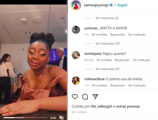  Fãs de Anitta entram no post de comemoração de Samara Joy para fazer comentários negativos.(Imagem:Reprodução )