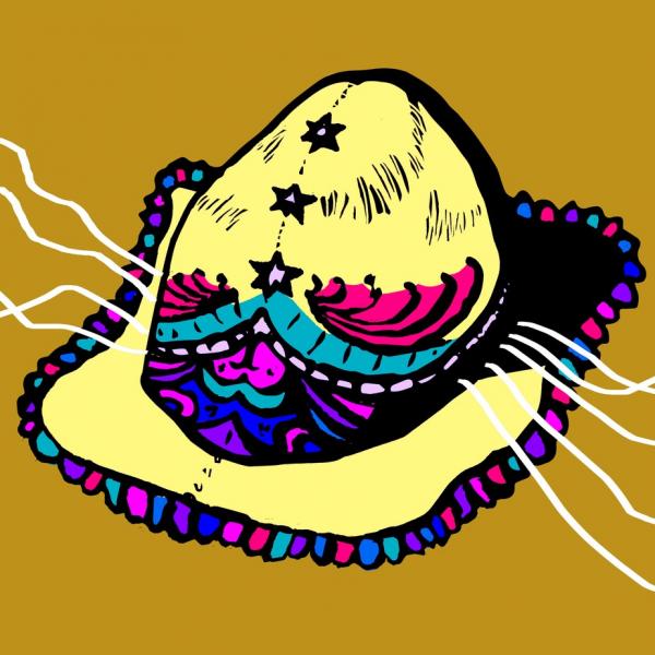 Obra do artista Gabriel Paz, a capa do single Olha Dominguinhos expõe desenho de chapéu alusivo ao acessório usado pelo artista ao longo da vida.(Imagem:Reprodução)