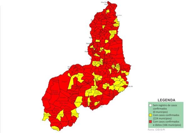 Mapa mostra 100% do Piauí afetado pelo novo coronavírus.(Imagem:Divulgação/Sesapi)