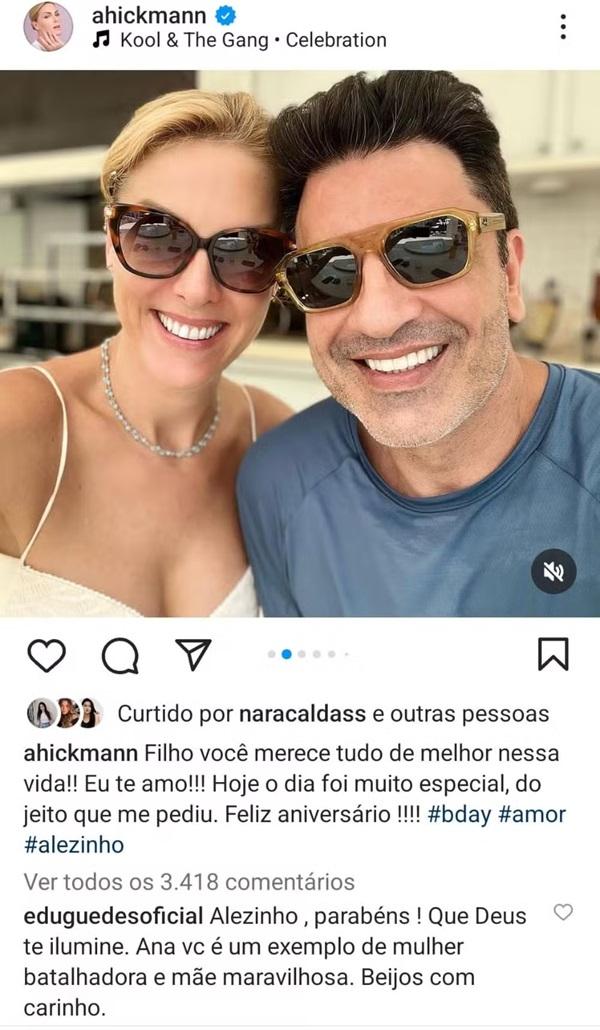 Edu Guedes comenta em post de Ana Hickmann (Imagem:Reprodução/Instagram)