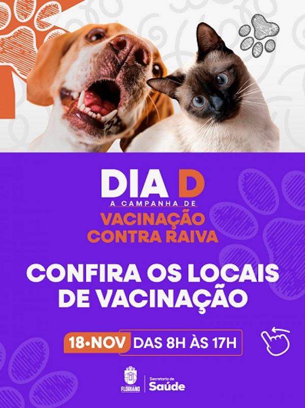Confira os locais de vacinação contra raiva em Floriano para o Dia D, 18 de novembro.(Imagem:Secom)